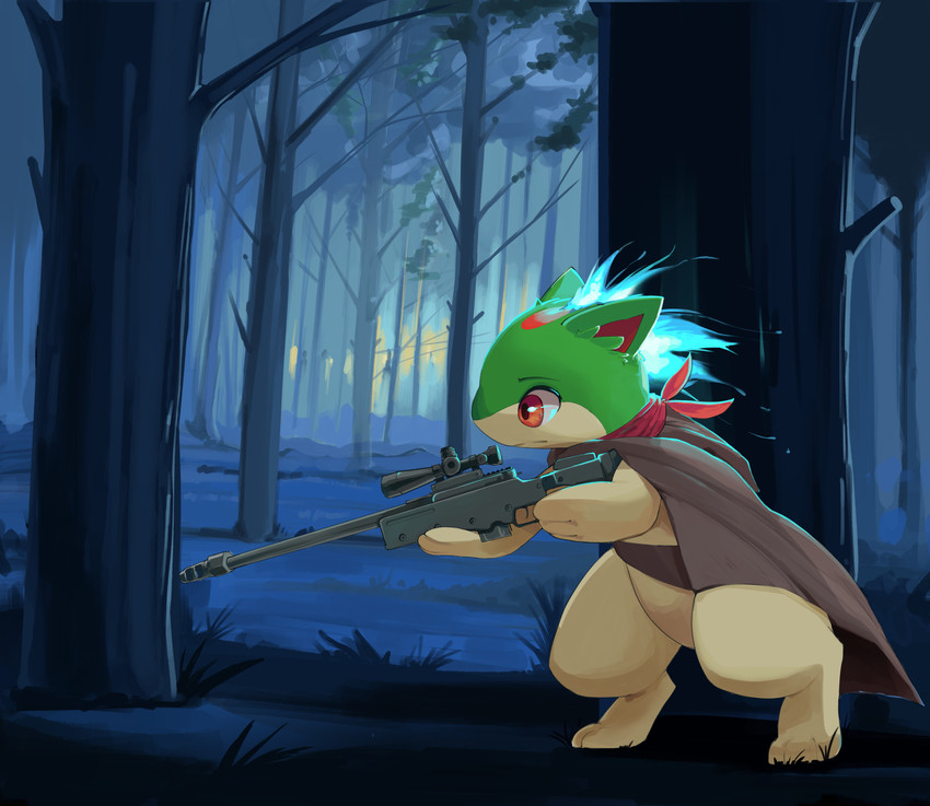 anthro anthrofied cloak clothing forest fur grass gun holding_object holding_weapon kemono kerchief l96 military multicolored_body multicolored_fur outside plant pokemorph ranged_weapon red_eyes red_kerchief rifle scope sniper_rifle solo standing tree weapon yupa nintendo pokemon youta generation_2_pokemon pokemon_(species) quilava 2019 hi_res