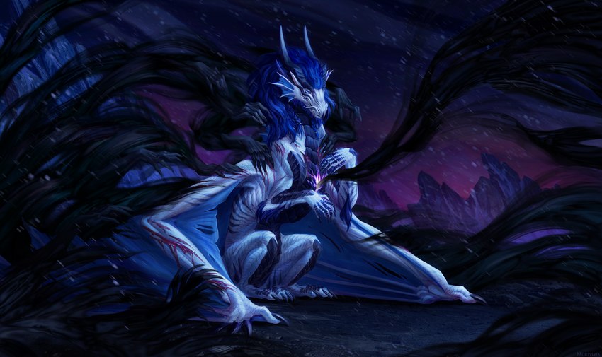 ambiguous_gender blue_hair claws detailed_background feral hair horn membrane_(anatomy) membranous_wings night outside scales sitting solo spines white_body white_scales wings morsylvia european_mythology mythology dragon mythological_creature mythological_scalie scalie western_dragon 2023 digital_media_(artwork) hi_res