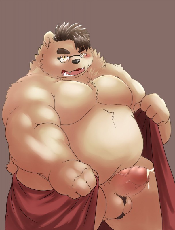 anthro balls belly eyewear genitals glasses humanoid_genitalia humanoid_hands humanoid_penis male moobs overweight overweight_anthro overweight_male penis simple_background solo towel liger813 bear mammal 2019 hi_res