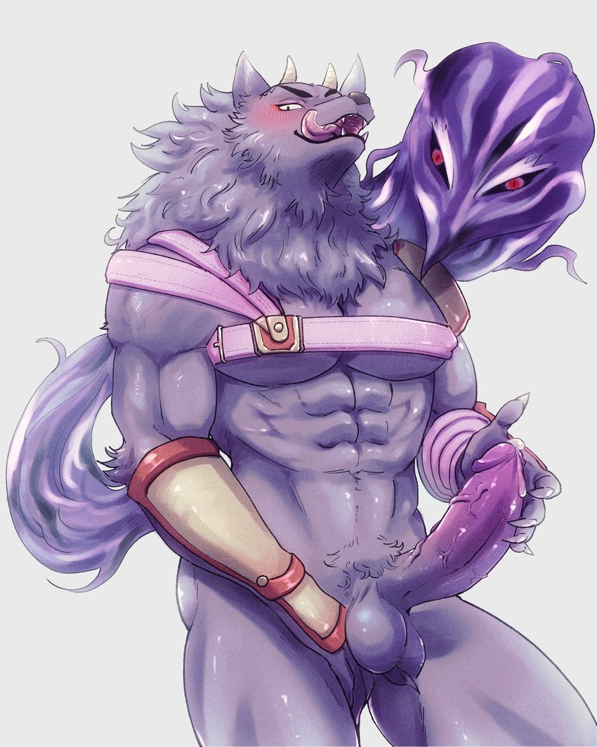 abs anthro armor balls blush bodily_fluids erection fur genital_fluids genitals horn licking licking_lips looking_at_viewer male muscular muscular_anthro muscular_male pecs penis precum purple_body purple_fur solo tongue tongue_out unconvincing_armor crazy_sll lifewonders tokyo_afterschool_summoners bathym_(tas) canid canine canis demon mammal wolf hi_res