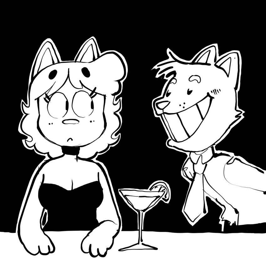 alcohol anthro beverage clothed clothing cocktail_glass container cup dress drinking_glass duo female flirting glass glass_container glass_cup hair male necktie simple_background smile suit teeth creator_ant amy_(creator_ant) domestic_cat felid feline felis mammal 1:1 black_and_white hi_res monochrome