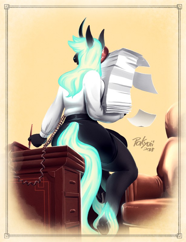 anthro black_hair breasts clothed clothing electronics female fully_clothed glowing glowing_hair green_hair hair hooves horn phone solo pokyuii mythology starhell victoria_tallcos equid equine mammal mythological_creature mythological_equine nightmare_(species) unicorn 2018 hi_res