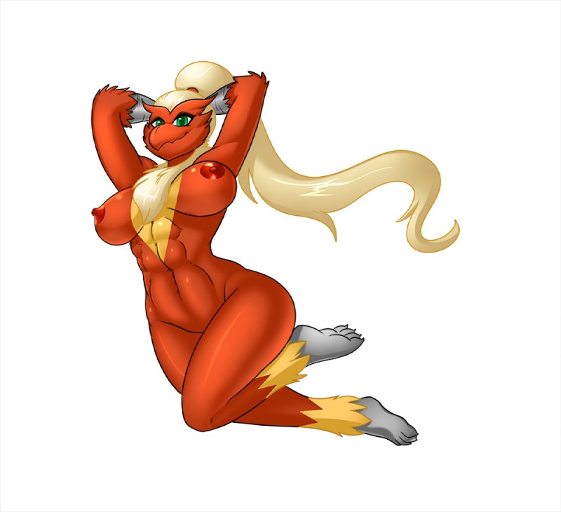 abs anthro athletic athletic_anthro athletic_female breasts feathers female jumping nipples non-mammal_breasts non-mammal_nipples nude pokemorph red_body red_feathers simple_background solo white_background skidd upstairstudios nintendo pokemon survival_of_the_fittest sandra_tucker avian bird blaziken generation_3_pokemon pokemon_(species) 2016 artist_collaboration