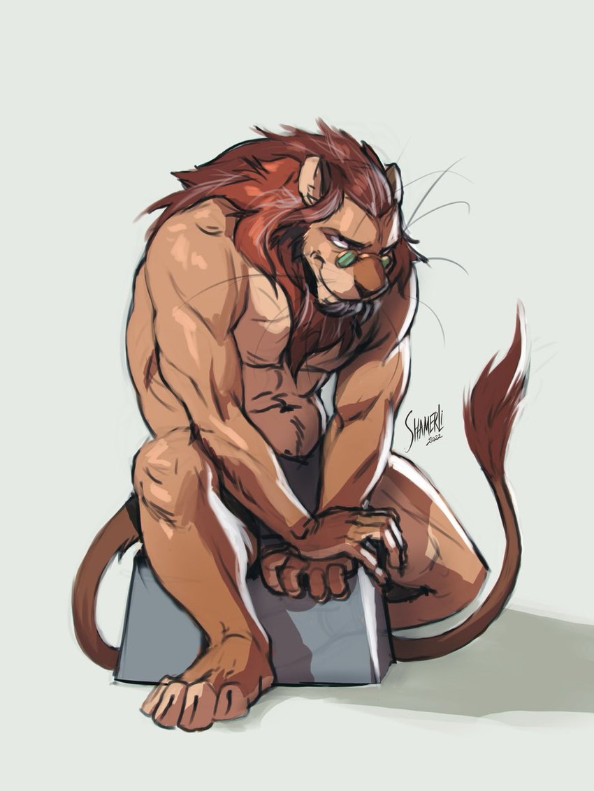 anthro barefoot bottomwear clothed clothing eyewear feet fur glasses looking_at_viewer male mane mature_male muscular muscular_anthro muscular_male simple_background sitting solo tail topless underwear shamerli tibald felid lion mammal pantherine 3:4 digital_media_(artwork) hi_res