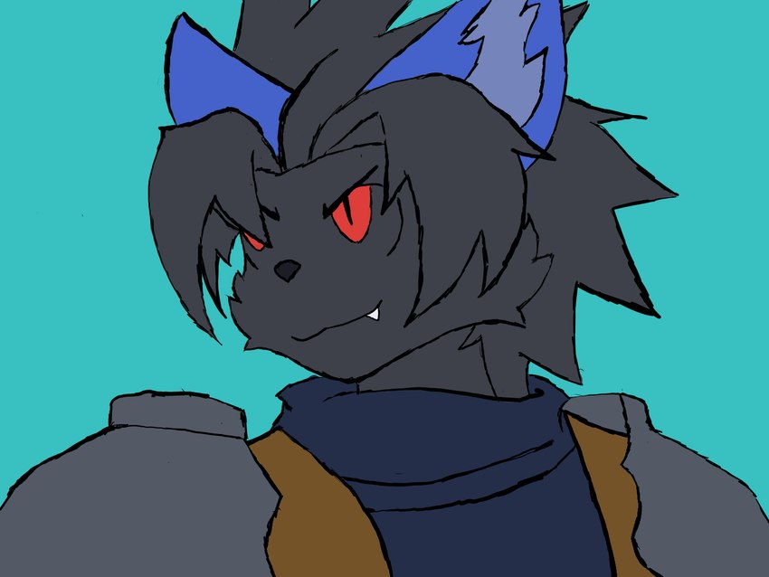 anthro armor black_hair black_nose blue_ears blue_inner_ear_fluff clothed clothing eyebrows fur grey_body grey_fur hair inner_ear_fluff male pauldron pupils red_eyes simple_background slit_pupils snaggle_tooth solo spiky_hair teal_background tuft savy_(artist) save_(savy) domestic_cat felid feline felis mammal 2022 4:3 bust_portrait digital_drawing_(artwork) digital_media_(artwork) firealpaca_(artwork) flat_colors hi_res portrait