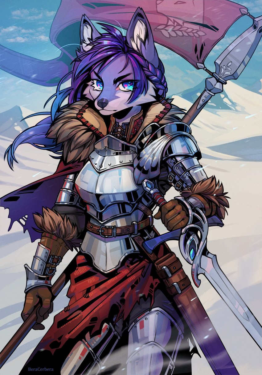 5_fingers anthro armor battle_flag belt blue_eyes braided_hair breastplate breasts buckle capelet clothing cold female fingers flag flag_(object) frown gauntlets gem glistening glistening_eyes gloves greaves hair handwear inner_ear_fluff leather leather_clothing leather_gloves leather_handwear long_hair looking_at_viewer melee_weapon mountain ornate_armor pauldron polearm scabbard snow solo spear standard sword tuft tundra warrior weapon cerbera lucia_(grey_wolf_570) canid canine canis mammal wolf artist_name detailed hi_res