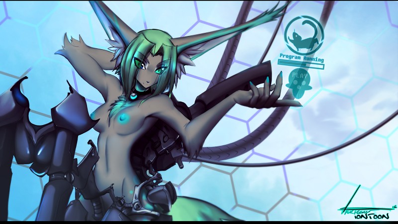 anthro areola armor blue_background blue_body blue_fur blue_nipples breasts clothed clothing female fur green_eyes green_hair grey_body grey_fur hair hologram inner_ear_fluff machine nipples pupils raised_arm simple_background slit_pupils solo text topless tuft iontoon kiska_romanov canid canine fox mammal 16:9 2016 english_text hi_res signature widescreen