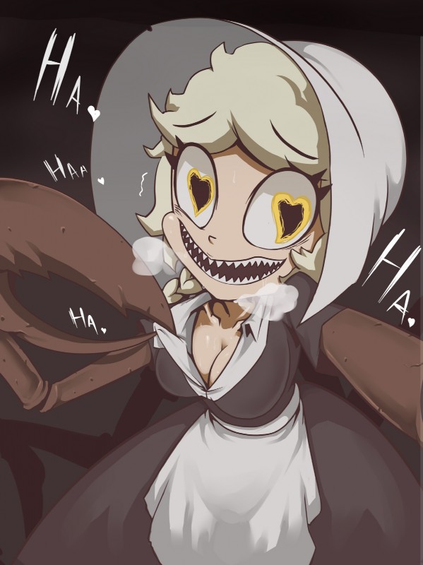 blonde_hair bodily_fluids bonnet breasts breath cleavage clothed clothing dress eyelashes female hair hat headgear headwear heart_eyes heart_symbol laugh monster_girl_(genre) ojou_laugh panting saliva sharp_teeth smile smiling_at_viewer solo sweat teeth text yellow_eyes z_face cliffside_(series) cordie_(cliffside) animal_humanoid arachnid arachnid_humanoid arthropod arthropod_humanoid humanoid 2018 english_text hi_res