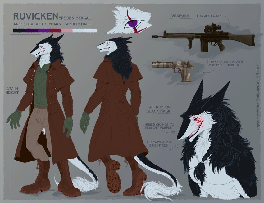 anthro boots cloak clothing combat_boots combat_gloves dark_magic desert_eagle footwear g3a3 gun handgun leather leather_duster magic_user male pistol ranged_weapon rifle scar scope shoes solo tail weapon floart ruvicken_sudvaka mammal sergal absurd_res hi_res model_sheet