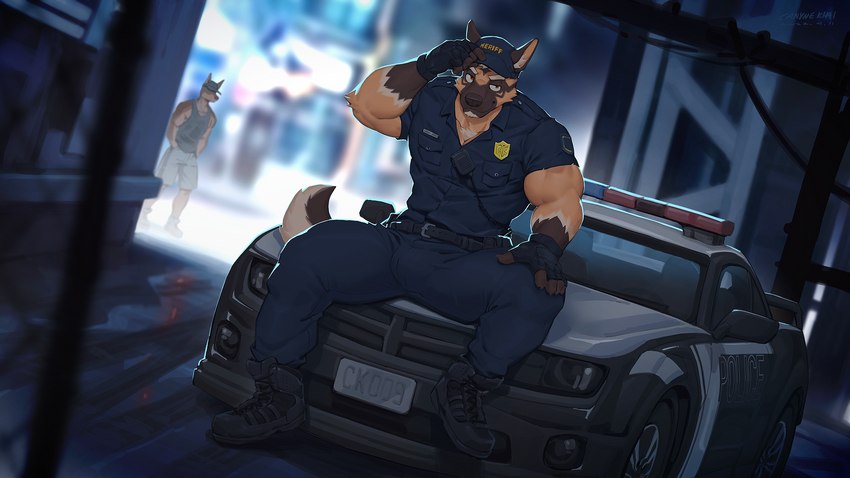 anthro car clothed clothing duo eyewear footwear furgonomics glasses hat headgear headwear inner_ear_fluff male motor_vehicle muscular muscular_anthro muscular_male police police_car police_uniform police_vehicle shoes solo_focus tail tuft uniform vehicle wearing_glasses canyne_khai chevrolet chevrolet_camaro canid canine canis domestic_dog german_shepherd herding_dog mammal pastoral_dog 16:9 hi_res widescreen