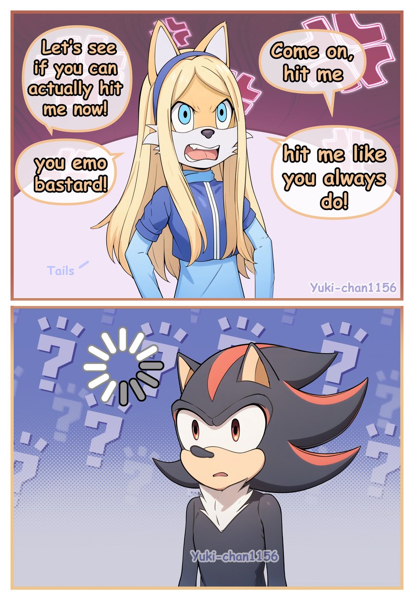 accessory angry anthro clothed clothing confusion cross-popping_vein crossdressing dialogue duo hair_accessory hairband male speech_bubble wig yuki-chan1156 sega sonic_the_hedgehog_(series) maria_robotnik miles_prower shadow_the_hedgehog canid canine eulipotyphlan fox hedgehog mammal absurd_res comic hi_res