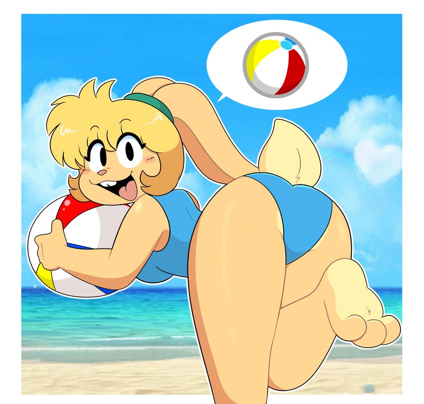 3_toes anthro ball barefoot beach beach_ball bent_over black_eyes blonde_hair blue_clothing blue_one-piece_swimsuit blue_swimwear blush blush_stickers breasts buckteeth butt clothed clothing cloud countershade_feet countershade_tail countershading day eyebrow_through_hair eyebrows eyelashes feet female foot_tuft fur hair hindpaw holding_ball holding_beach_ball holding_object inflatable looking_at_viewer looking_back looking_back_at_viewer one-piece_swimsuit open_mouth open_smile paws photo_background pink_nose plantigrade ponytail_ears raised_calf raised_foot rear_view sand scut_tail sea seaside short_tail sky smile smiling_at_viewer soles solo speech_bubble swimwear tail tan_body tan_fur teeth toes tongue translucent translucent_hair tuft water wide_eyed yellow_body yellow_countershading yellow_fur kabula_(artist) lagomorph leporid mammal rabbit absurd_res hi_res photography_(artwork) pictographics