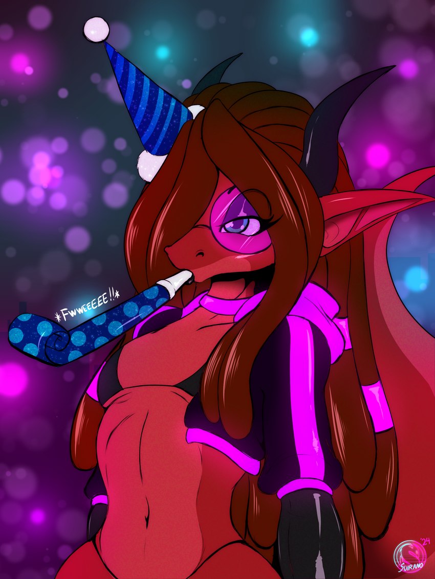 anthro biped birthday bra clothing eyebrows eyelashes eyewear femboy glasses hair hat headgear headwear horn male navel panties party_hat party_horn solo sunglasses tail tinted_glasses underwear conditional_dnp suirano suirano_(character) scalie 2024 digital_media_(artwork) hi_res watermark