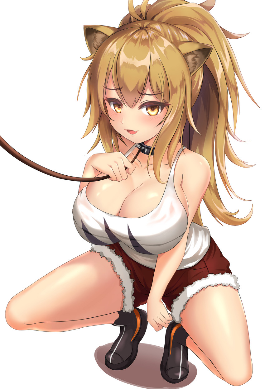 big_breasts blonde_hair bottomwear breasts cleavage clothed clothing collar crouching female footwear hair leash shirt shoes shorts simple_background solo spiked_collar spikes tank_top topwear white_background yellow_eyes rommarring arknights hypergryph studio_montagne siege_(arknights) animal_humanoid felid felid_humanoid humanoid lion_humanoid mammal mammal_humanoid pantherine pantherine_humanoid 2020 absurd_res hi_res