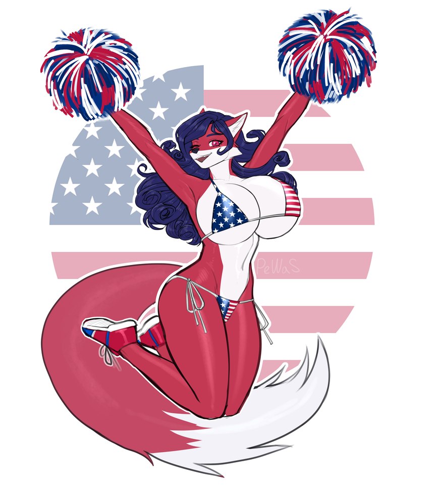 american_flag american_flag_bikini anthro big_breasts bikini blue_hair bottomwear breasts cheerleader_pose cleavage clothed clothing curled_hair female flag_bikini footwear fur hair holidays huge_breasts looking_at_viewer navel one_eye_closed pom_poms red_body red_eyes red_fur shoes side-tie_bikini side-tie_clothing side-tie_swimwear skimpy skimpy_bikini skirt small_waist sneakers solo string_bikini swimwear thick_thighs triangle_bikini two-piece_swimsuit under_boob united_states_of_america white_body white_fur wink winking_at_viewer pewas 4th_of_july rexi_awoosuko_(devildjmachine) canid canine fox mammal absurd_res hi_res