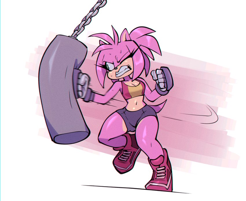 anthro bodily_fluids breasts cleavage clothed clothing female footwear green_eyes hair pink_body pink_hair punch punching_bag sandbag shoes solo sweat bigdad sega sonic_the_hedgehog_(series) amy_rose amy_rose_(bigdad) eulipotyphlan hedgehog mammal 2023