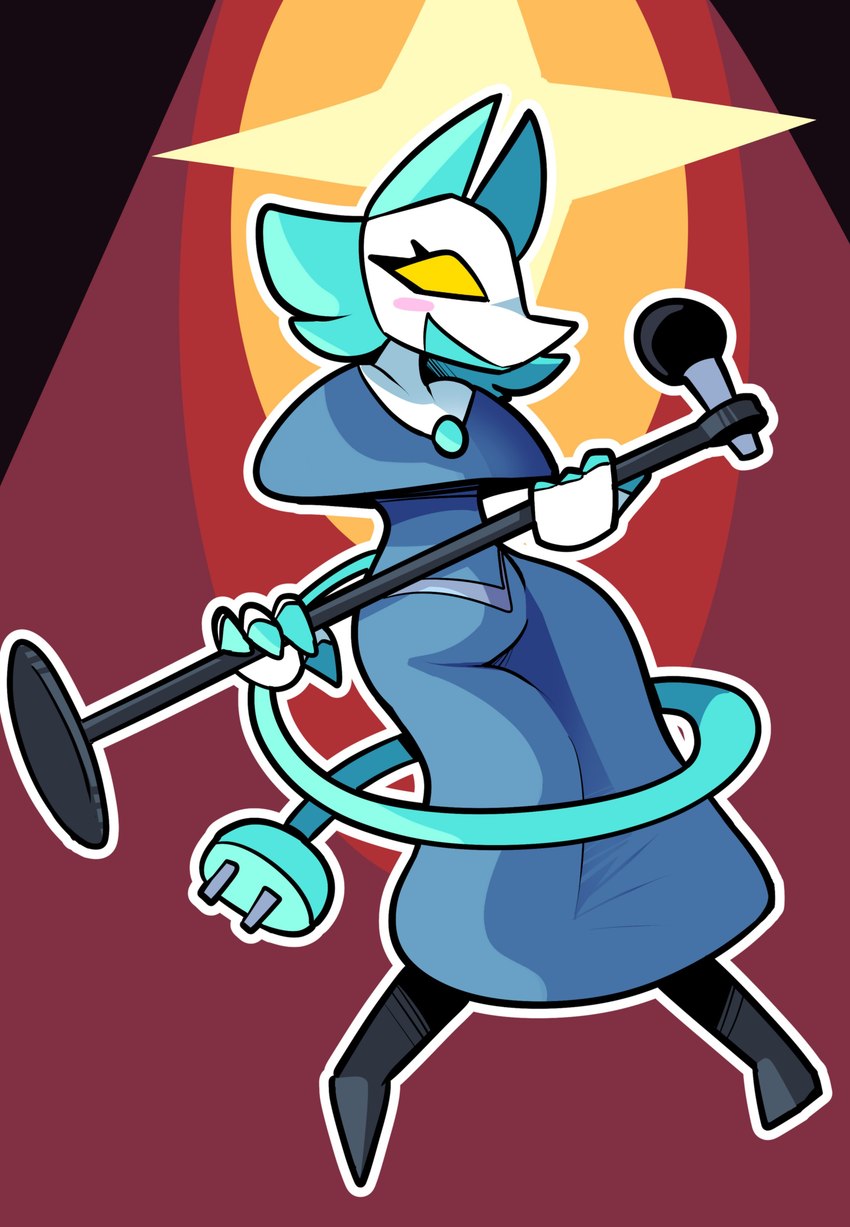 anthro blue_clothing blue_dress clothed clothed_anthro clothed_female clothing dress electronics female fingers front_view holding_microphone holding_object machine microphone microphone_stand plug small_waist smile solo tail yellow_eyes cloudidoodles deltarune undertale_(series) tasque_manager darkner felid feline mammal robot 2022 absurd_res digital_drawing_(artwork) digital_media_(artwork) full-length_portrait hi_res portrait