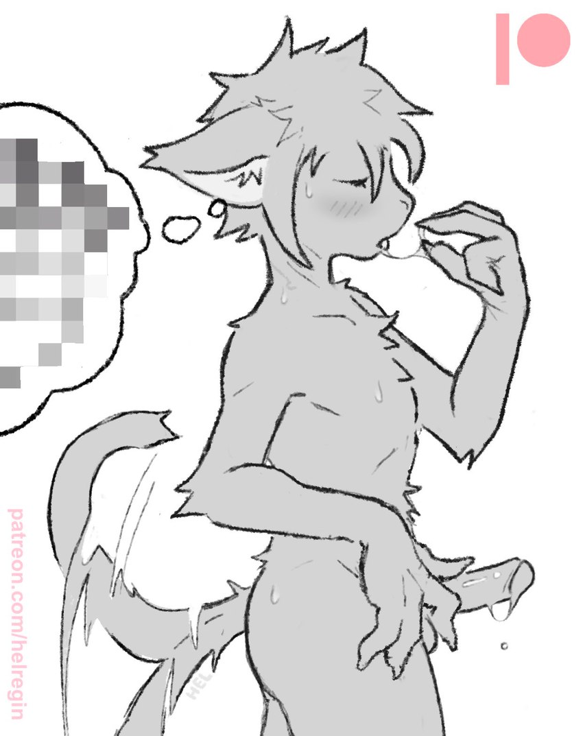 anthro blush bodily_fluids finger_in_mouth genital_fluids genitals male masturbation oral_fixation patreon_logo penis precum self_taste solo tail tail_motion tailwag text helregin patreon twokinds keith_keiser basitin mammal blur_censorship censored hi_res monochrome sketch url