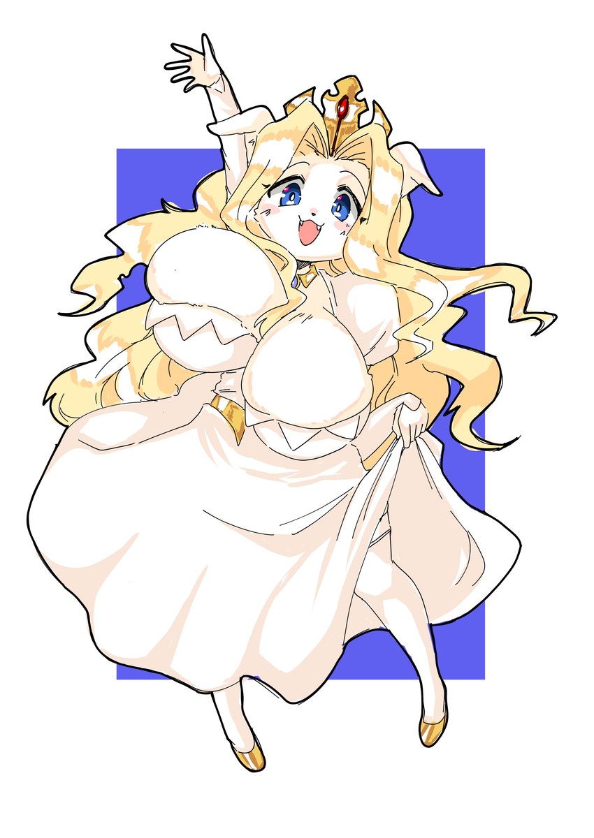 anthro big_breasts blonde_hair blue_background blue_eyes bouncing_breasts breasts clothed clothing clothing_lift crown dress dress_lift female footwear gesture gold_shoes greeting greeting_viewer hair headgear huge_breasts jewelry kemono legwear long_hair long_sleeves looking_at_viewer necklace open_mouth open_smile plunging_neckline princess princess_dress royalty shoes simple_background slippers smile solo stockings waving shinobe cyberconnect2 little_tail_bronx tail_concerto princess_terria canid canine caninu canis domestic_dog mammal absurd_res hi_res