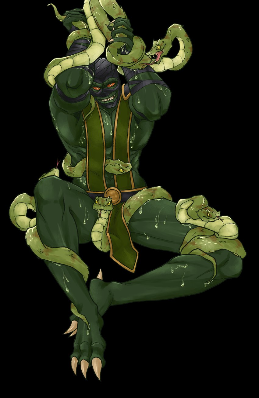 3_toes 5_fingers ambiguous_gender anthro armor armwear athletic athletic_anthro athletic_male bdsm bent_legs biceps big_teeth bodily_fluids bondage bottomless bottomwear bound claws clothed clothing convenient_censorship fangs feet finger_claws fingers forked_tongue front_view full_body_view green_body green_scales hands_tied living_tail loincloth looking_at_viewer male male/ambiguous mostly_nude muscular muscular_anthro muscular_arms muscular_male muscular_thighs orange_sclera partially_clothed pecs presenting pupils scales sharp_teeth simple_background slit_pupils smile snake_tail solo spread_legs spreading tail teeth tight_clothing toe_claws toes tongue topwear transparent_background unusual_anatomy unusual_tail wrapped_arms yellow_sclera bk_hat mortal_kombat reptile_(mortal_kombat) humanoid lizard lizardman monster reptile saurian_(mortal_kombat) scalie snake 2025 alpha_channel hi_res