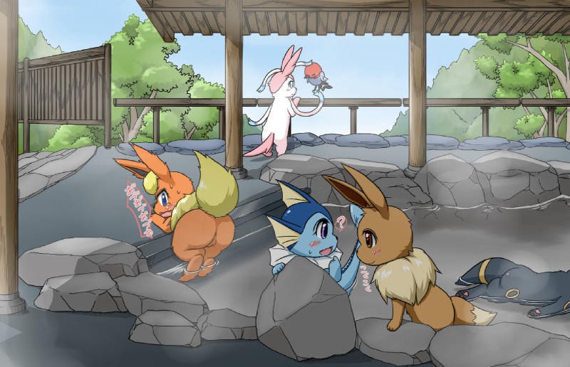 after_sex blush bodily_fluids detailed_background female feral genitals group hot_spring imminent_sex male male/female partially_submerged pawpads pink_pawpads pussy sweat tail water koorinezumi nintendo pokemon eevee eeveelution flareon fletchling generation_1_pokemon generation_2_pokemon generation_6_pokemon pokemon_(species) sylveon umbreon vaporeon