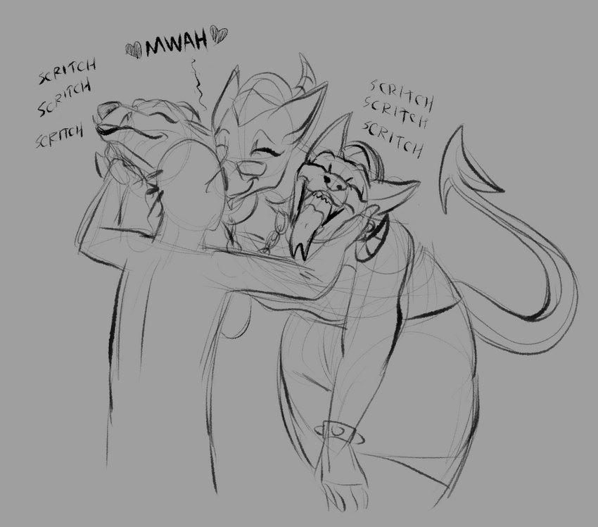 anthro duo eyewear female kissing male male/female multi_head petted_silly petting scritches sunglasses tongue tongue_out omny87 european_mythology greek_mythology mythology canid canid_demon canine cerberus demon hellhound human mammal mythological_canine mythological_creature monochrome