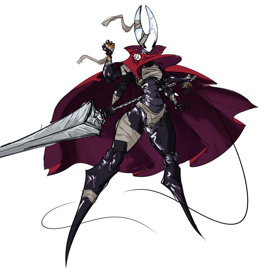 2_horns 4_arms black_body black_eyes bound cloak clothed clothing featureless_feet feet female fist horn melee_weapon multi_arm multi_limb nail_(weapon) pose red_cloak red_clothing silk simple_background solo standing sword weapon weapon_on_back white_background wide_hips the_demon_women hollow_knight team_cherry hornet_(hollow_knight) arthropod 2024 digital_media_(artwork) hi_res