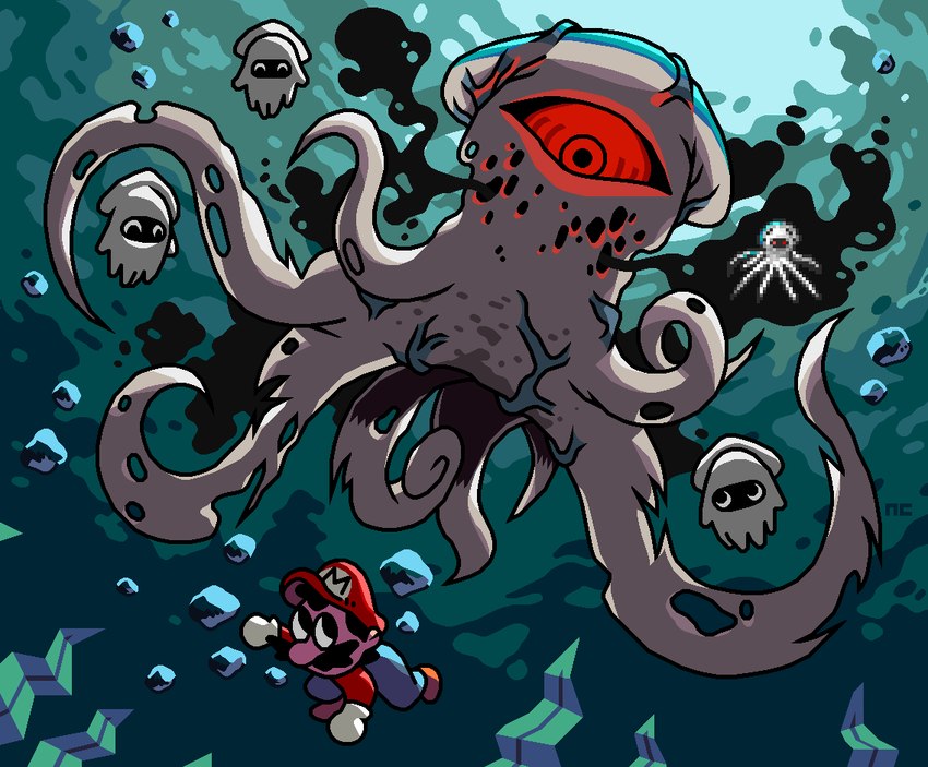 1_eye black_eyes black_facial_hair black_hair black_mustache bubble clothing facial_hair feral gloves group hair handwear looking_back male mustache red_eyes red_sclera sea seaweed tentacles underwater vein veiny_tentacles water white_clothing white_gloves white_handwear nicommunism mario_bros mario_teaches_typing nintendo mario blooper cephalopod coleoid decapodiform human mammal marine mollusk monster 2020 digital_drawing_(artwork) digital_media_(artwork)