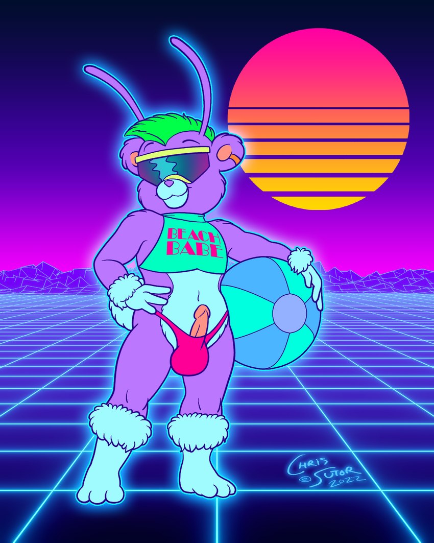 anthro ball beach_ball bikini bikini_bottom clothed clothing ear_cuff erection erection_under_clothing fur genitals green_hair grid_floor hair halter_top inflatable male mountain_range penis penis_peek purple_body purple_fur purple_sky sky solo square_grid sun sunglasses_on_face swimwear synthwave text two-piece_swimsuit chris_sutor foozle 2022 4:5 english_text hi_res