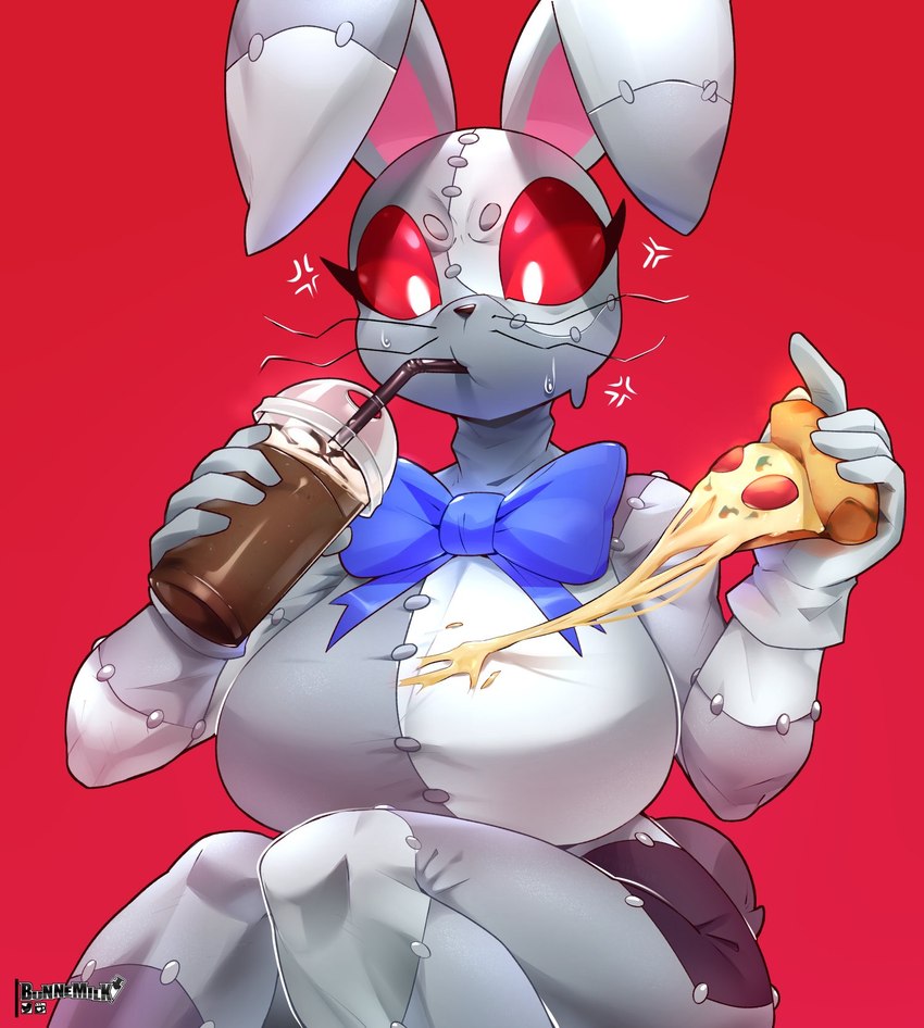 anthro bent_whiskers beverage big_breasts bow_(feature) breasts container cross-popping_vein cup drinking female floppy_ears food food_on_breasts frustrated holding_container holding_cup holding_food holding_object looking_down milkshake pizza red_sclera sitting solo stitch_(sewing) whiskers white_eyes bunnemilk five_nights_at_freddy's scottgames vanny_(fnaf) fabric_creature lagomorph leporid mammal rabbit digital_media_(artwork) hi_res