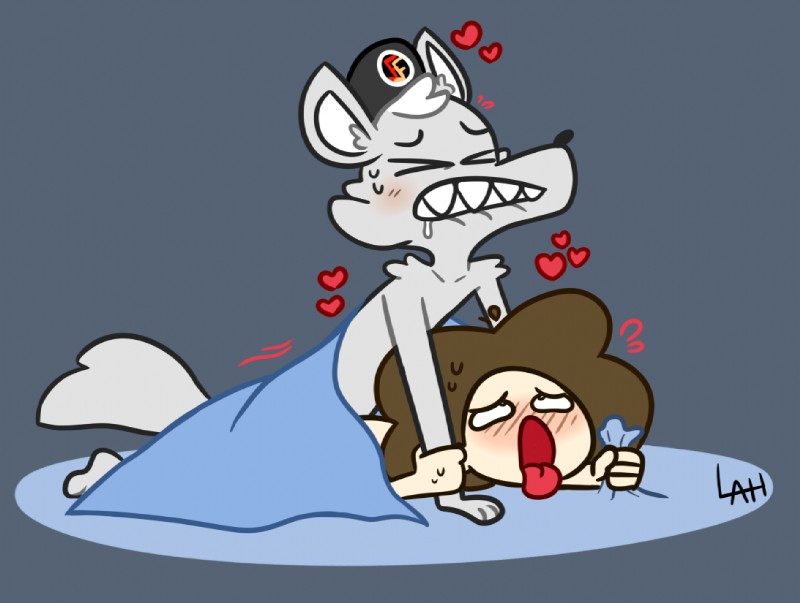 >.< ahegao anthro anthro_penetrating anthro_penetrating_human arm_grab bed bedding bite biting_lip blanket blush bodily_fluids clothing drooling duo eye_roll eyes_closed from_behind_position fur furniture grabbing_sheets grey_background hair hat headgear headwear heart_symbol human_on_anthro human_penetrated interspecies looking_pleasured lying male male/male male_penetrated male_penetrating male_penetrating_male nude on_bed on_bottom on_front on_top open_mouth penetration saliva sex simple_background sweat teeth tongue tongue_out toony under_covers leoafterhours faxon_fury leo_(leoafterhours) canid canine canis human mammal wolf 2018 digital_media_(artwork)