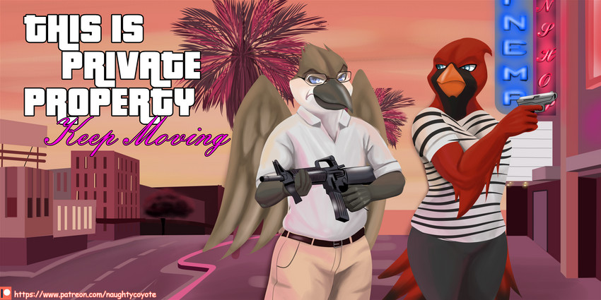 angry anthro ar-15 clothed clothing duo female gun handgun male pistol ranged_weapon romantic romantic_couple text weapon smartwhitefang arta_shrike avian bird cardinal_(bird) oscine passerine shrike 2:1 absurd_res hi_res url