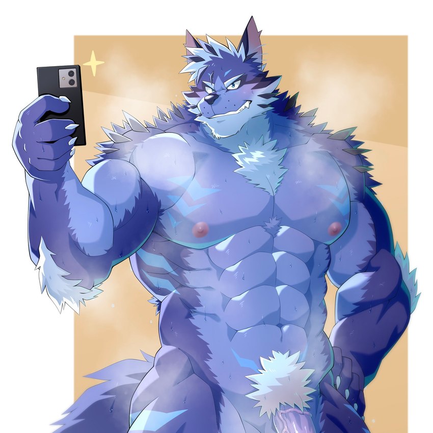 abs anthro blue_body blue_eyes blue_fur blush bodily_fluids cellphone electronics flaccid fur genitals grin male muscular muscular_anthro muscular_male musk musk_clouds nipples nude pecs penis penis_base phone pubes selfie smartphone smile solo sweat homohomofever lifewonders tokyo_afterschool_summoners tindalos_(tas) canid canine canis mammal wolf 1:1 hi_res