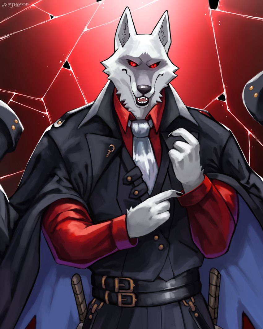 anthro belt black_sclera claws clothing coat_cape fur male necktie red_clothing red_eyes red_shirt red_topwear shirt solo topwear white_body white_fur white_necktie 7theaven dreamworks puss_in_boots_(franchise) death_(puss_in_boots) canid canine canis mammal wolf 4:5 absurd_res hi_res