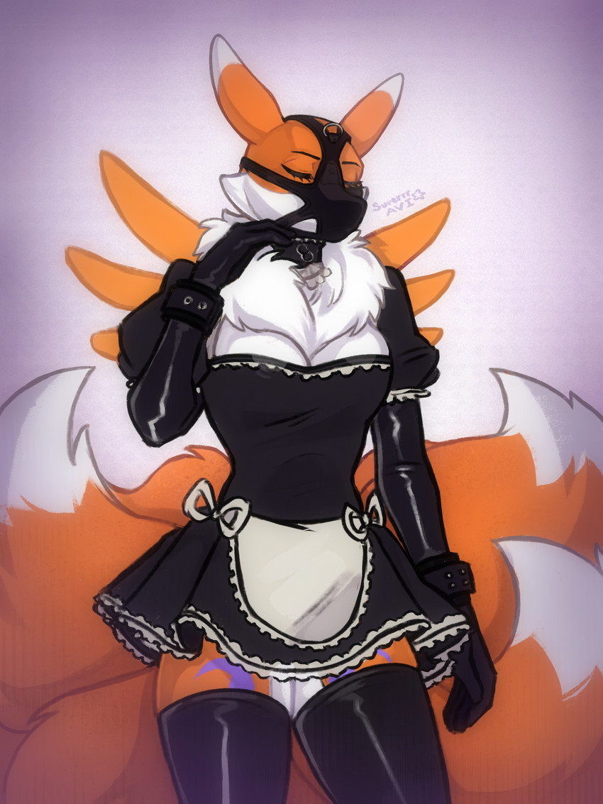 anthro bdsm bondage bottomwear bound clothing collar female gloves handwear latex legwear maid_uniform multi_tail muzzle_(object) muzzled skirt snout solo stockings tail uniform superrravi bandai_namco digimon kohaku_sunwalker canid canine digimon_(species) mammal renamon 3:4 hi_res