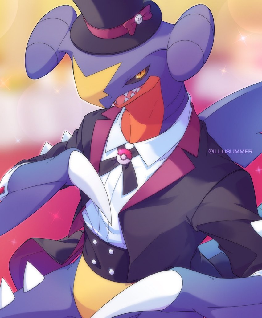 arm_fin blue_body bottomless bottomless_male claws clothed clothing dress_shirt fin hat headgear headwear holowear_(pokemon) looking_at_viewer male shirt smile solo spikes symbol teeth top_hat topwear tuxedo_shirt yellow_sclera d.summer illusummer mythology nintendo pokemon pokemon_unite tuxedo_style_garchomp dragon garchomp generation_4_pokemon mythological_creature mythological_scalie pokemon_(species) scalie hi_res