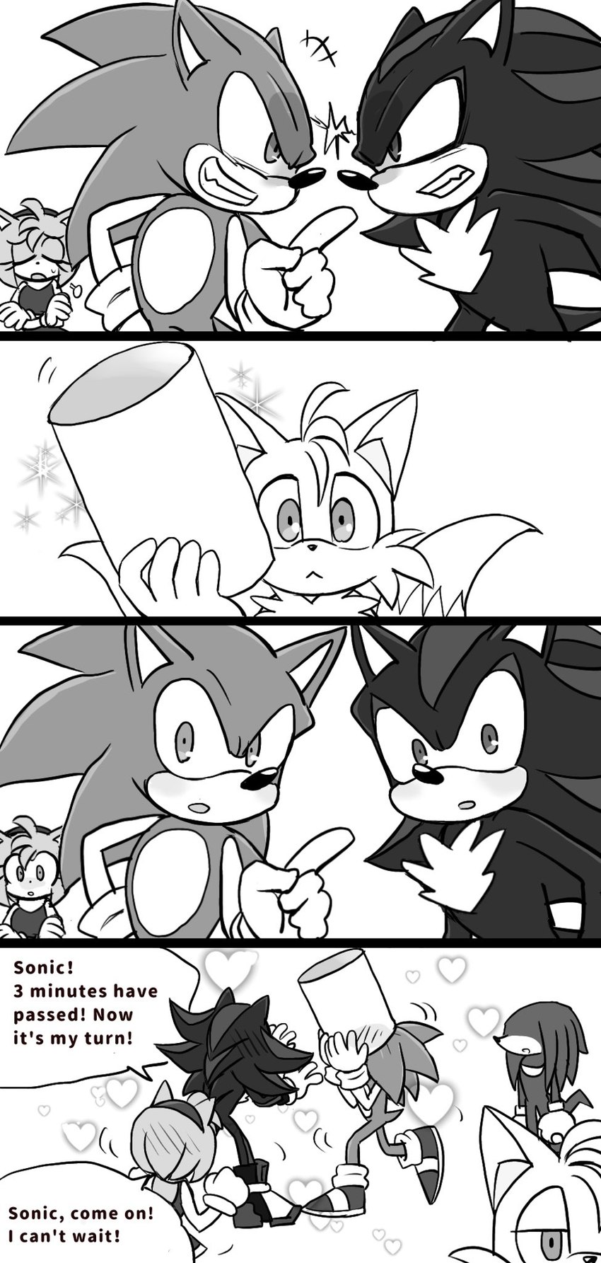 2_tails anthro clothed clothing dialogue female fur gloves group handwear heart_symbol male multi_tail speech_bubble tail tube yotsumeddd sega sonic_the_hedgehog_(series) amy_rose knuckles_the_echidna miles_prower shadow_the_hedgehog sonic_the_hedgehog canid canine eulipotyphlan fox hedgehog mammal black_and_white comic hi_res monochrome