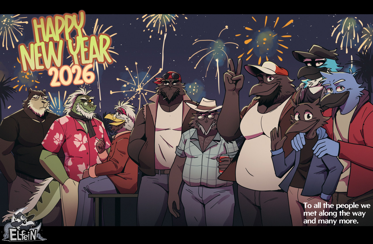 age_difference anthro beak beard belly black_body body_hair bottomwear cigarette cigarette_in_mouth clothed clothing eyewear eyewear_on_head facial_hair feathers fingers fireworks fur gesture glasses green_body group hand_gesture hat headgear headwear holding_cigarette holding_object holidays jacket looking_at_viewer male mature_anthro mature_male object_in_mouth older_male one_eye_closed open_clothing open_jacket open_topwear outside overweight overweight_anthro overweight_male pants pecs shirt sitting smile smoking sunglasses sunglasses_on_head tail text topwear v_sign wearing_glasses wink winking_at_viewer younger_male elfein new_year new_year_2026 andres_(elfein) audrey_(elfein) jaya_(elfein) avian bear bird corvid corvus_(genus) crow lizard mammal oscine passerine reptile scalie digital_media_(artwork) english_text hi_res father_(lore) father_and_child_(lore) father_and_son_(lore) parent_(lore) parent_and_child_(lore) parent_and_son_(lore) son_(lore)