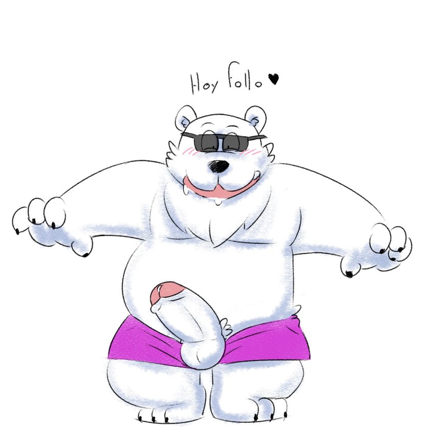 anthro balls belly blush bodily_fluids bottomwear clothing drooling erection eyewear genitals humanoid_genitalia humanoid_hands humanoid_penis male overweight overweight_anthro overweight_male penis saliva shorts simple_background solo sunglasses text white_background ragnadope ice_climber polar_bear_(ice_climber) bear mammal polar_bear ursine 1:1 2021 hi_res shaded soft_shading spanish_text translated