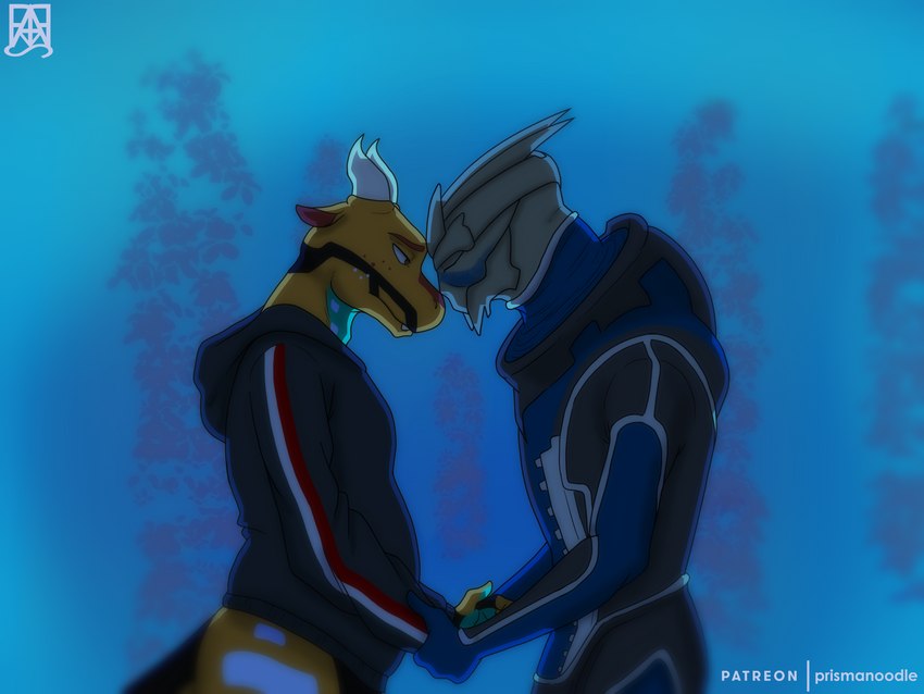 anthro duo hand_holding horn male male/male sad simple_background touching_forehead prismanoodle_(artist) bioware electronic_arts mass_effect mythology wings_of_fire draven_(dravendergen) garrus_vakarian alien dragon humanoid mudwing_(wof) mythological_creature mythological_scalie nightwing_(wof) scalie seawing_(wof) turian 2021 4:3 digital_media_(artwork) hi_res