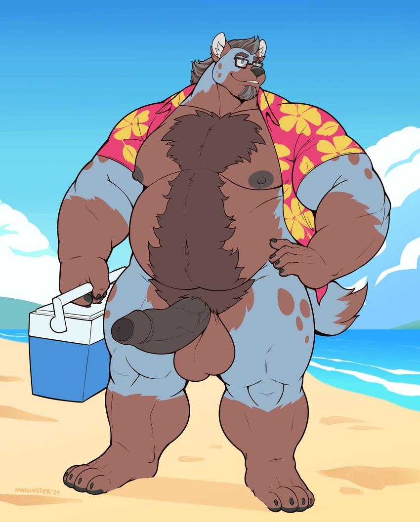 4_toes 5_fingers aloha_shirt anthro areola balls beach beard belly belly_hair biceps big_balls big_muscles big_penis biped black_glans black_nose body_hair bottomless bottomless_anthro bottomless_male brown_body brown_fur chest_hair claws clothed clothing cloud cooler day dipstick_tail erection eyewear facial_hair feet finger_claws fingers foreskin front_view fur genitals glans glasses gloves_(marking) grey_body grey_fur greying_hair hair happy_trail holding_cooler holding_object humanoid_genitalia humanoid_hands humanoid_penis leg_markings looking_aside looking_away male male_anthro markings mature_anthro mature_male multicolored_body multicolored_fur musclegut muscular muscular_anthro muscular_male navel nipples open_clothing open_shirt open_topwear outside pattern_clothing pattern_shirt pattern_topwear pecs penis plantigrade pubes public public_exposure sand sea seaside shirt shirt_only sky smile socks_(marking) solo spots spotted_body spotted_fur standing tail tail_markings toe_claws toes topwear topwear_only two_tone_body two_tone_fur vein veiny_penis water wearing_glasses manlyster boreas_(cooner) canid canine canis coyote hybrid hyena mammal spotted_hyena 2024 absurd_res digital_media_(artwork) hi_res signature