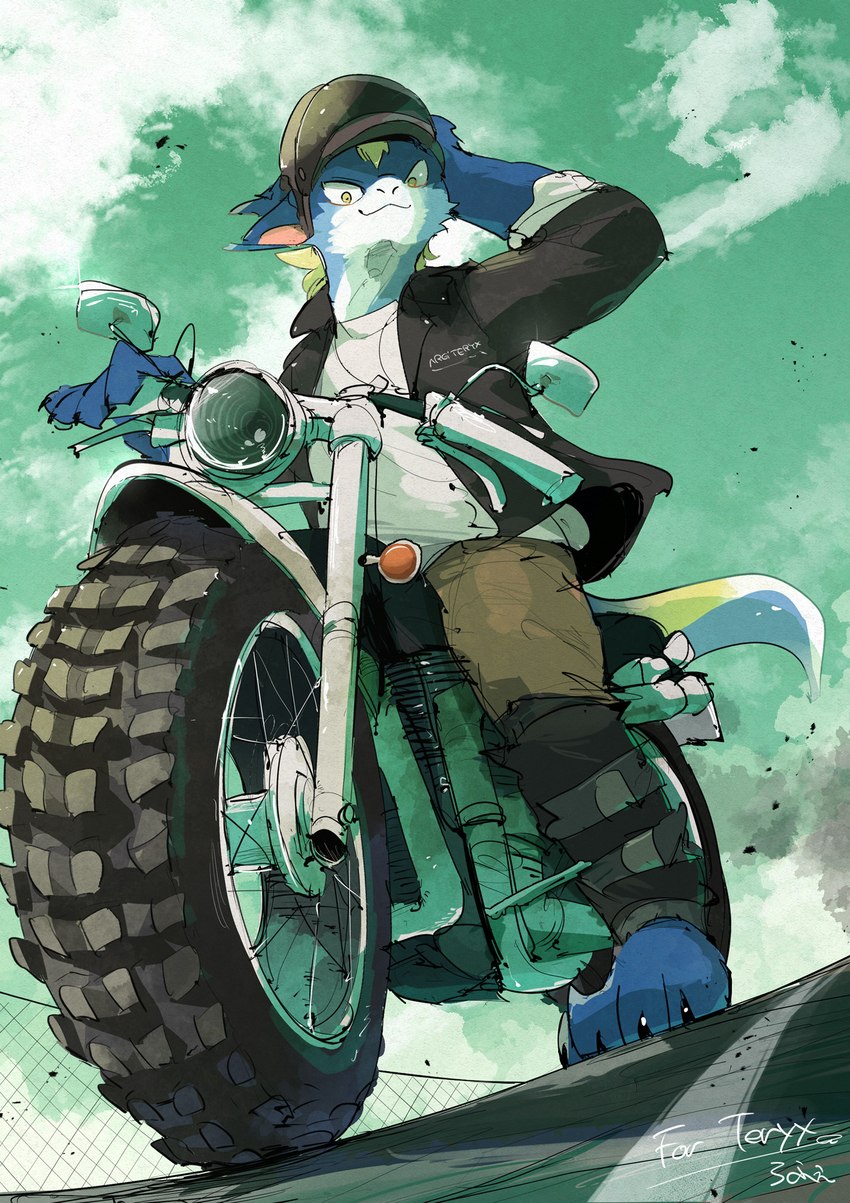 anthro armor biker clothed clothing cloud costume dripping fingers headgear helmet highway insane kemono leather motorcycle noisy road solo tail tire town vehicle raferafe jojo's_bizarre_adventure mythology teryx_commodore dragon mythological_creature mythological_scalie rain_dragon scalie 2024 digital_media_(artwork) hi_res pastel_theme