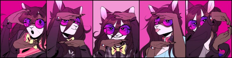 anthro bow_(feature) bow_tie clothed clothing eyewear fur glasses hair long_hair looking_at_viewer male nails open_mouth pink_background simple_background smile tongue tongue_out wristband alkatoster stanislav_fisher domestic_cat felid feline felis mammal digital_media_(artwork)