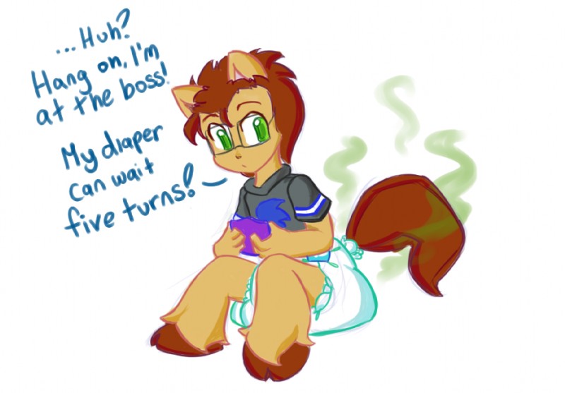 anthro clothing dialogue diaper feces gaming green_eyes male scatplay smelly solo text young young_anthro young_male rfswitched one-up_(rfswitched) equid equine horse mammal pony english_text