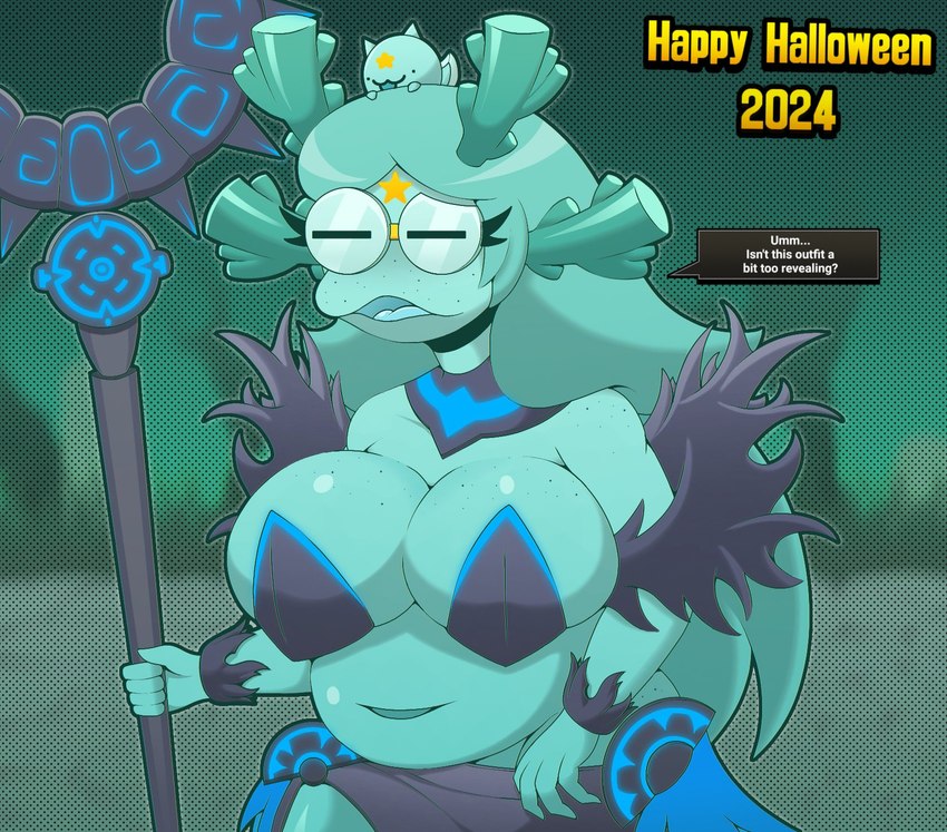 anthro belly big_breasts blue_body blue_hair breasts clothed clothing eyelashes eyes_closed eyewear female fur_clothing glasses hair markings navel open_mouth partially_clothed pasties solo staff star_(marking) text text_box anemonemisc the_battle_cats axoloty_(the_battle_cats) amphibian animal_humanoid axolotl axolotl_humanoid felid feline humanoid mammal marine mole_salamander salamander 2024 digital_drawing_(artwork) digital_media_(artwork) english_text hi_res shaded