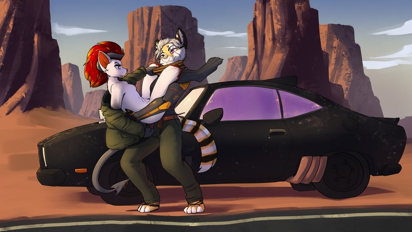 arizona blue_eyes breasts car carrying_another carrying_partner clothing duo female fur furgonomics furry-specific_piercing hair highlights_(coloring) horn jacket landscape male nipples orange_body orange_fur orange_highlights outside piercing prosthetic prosthetic_arm prosthetic_limb pubes purple_eyes red_hair scales scarf scenery small_breasts spade_tail tail tail_piercing topwear undressing unzipped vehicle white_body white_fur yellow_body yellow_fur zipper feretta aikaterine djonin canid canine demon felid feline fox mammal pantherine tiger 16:9 digital_media_(artwork) hi_res shaded widescreen