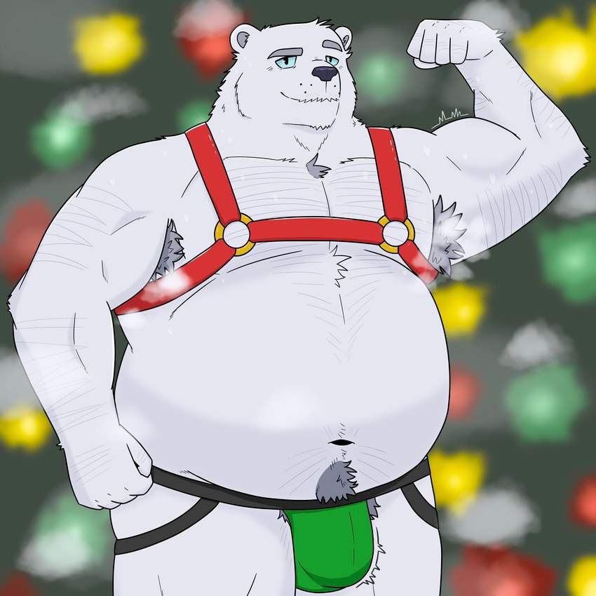 anthro armpit_hair bodily_fluids body_hair clothing flexing harness jockstrap male mature_male musclegut muscular musk musk_clouds musky_armpit overweight raised_arm solo sweat sweaty_armpit underwear enyuskii bear mammal polar_bear ursine 1:1 hi_res