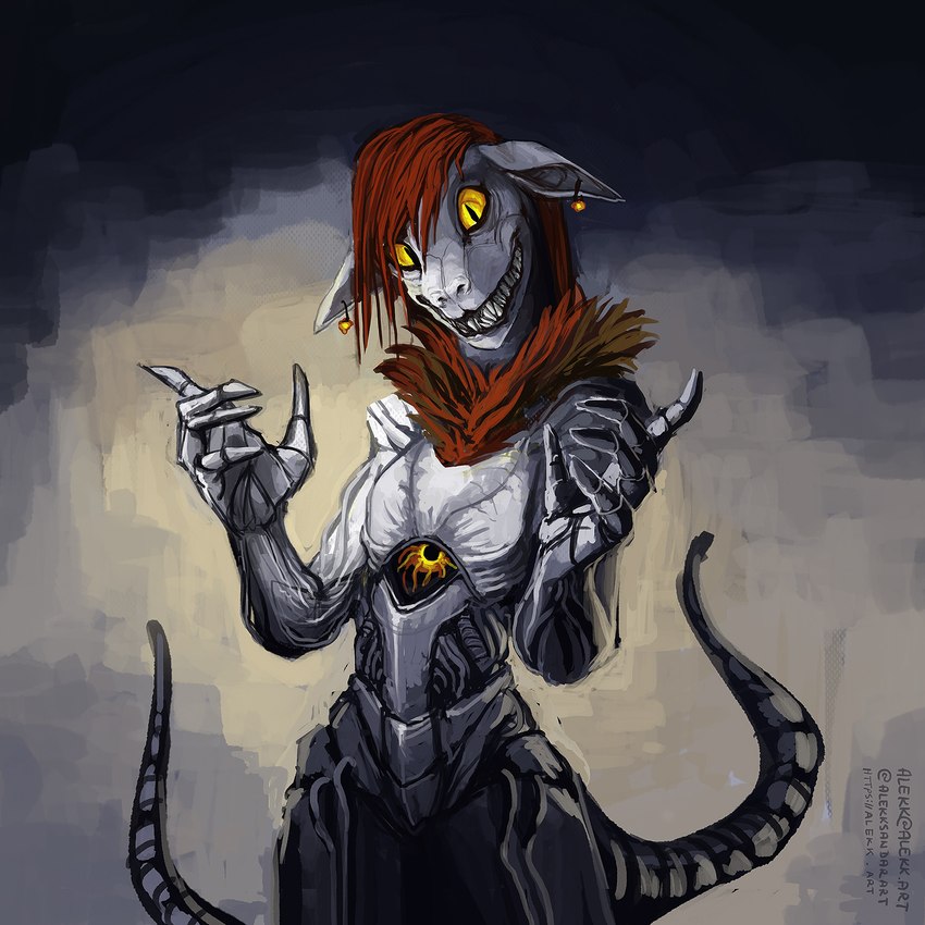 anthro armor black_lips chest_eye chest_tuft creepy ear_piercing female front_view gradient_background grey_background grin hair lips looking_at_viewer orange_sclera piercing pose red_hair sharp_teeth simple_background small_waist smile snout solo standing teeth tentacles tuft yellow_eyes alekksandar conditional_dnp alien unknown_species 1:1 2022 hi_res portrait three-quarter_portrait