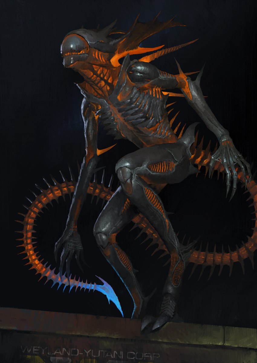 ambiguous_gender black_background black_body black_skin blue_glow digitigrade elbow_spike eyeless head_crest orange_glow sharp_teeth simple_background solo spiked_tail spikes spikes_(anatomy) tail teeth oleg_bulakh alien_(franchise) alien humanoid xenomorph hi_res