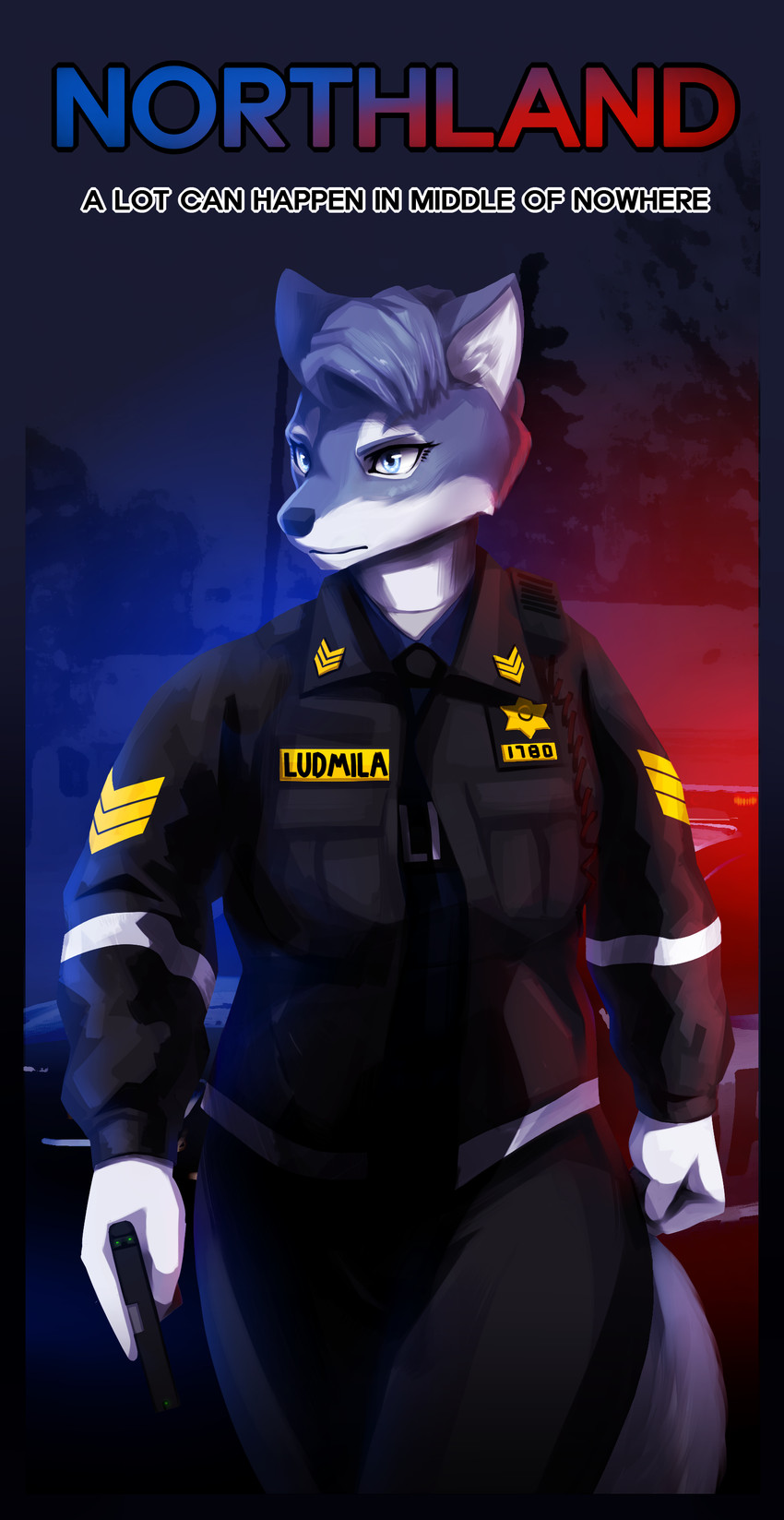 anthro badge blue_body blue_fur clothing female fur gun handgun pistol police police_officer police_uniform ranged_weapon shirt solo text text_on_clothing text_on_shirt text_on_topwear topwear uniform weapon white_body white_fur gasmaskfox ludmila_(gasmaskfox) canid canine canis domestic_dog husky mammal nordic_sled_dog spitz absurd_res english_text hi_res